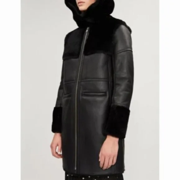 MAJE 38 sz4 SHEARLING Sheepskin Fur Leather Gwette Coat Black Acne Sandro